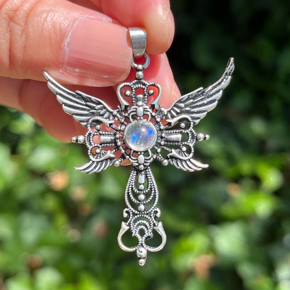 Silver plated moonstone wing pendant